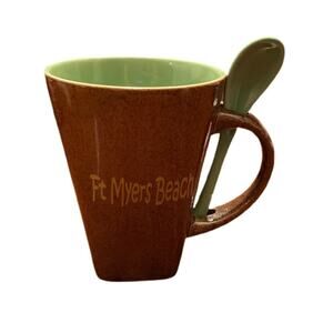 Vintage Ft Myers Beach Florida Souvenir Coffee Tea Mug Cup W/ Spoon Bronze Green